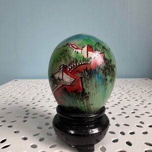 Signed Marble Alabaster Oval Egg with Stand depicting Great Wall of China